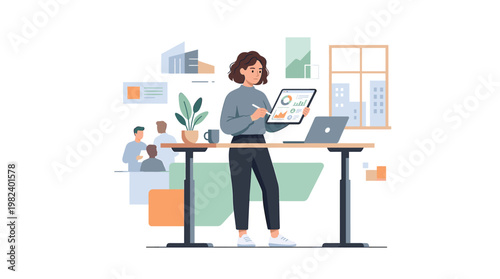 Business woman working at standing desk with tablet in office