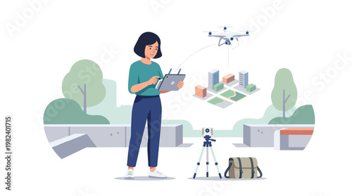 Female surveyor controlling drone with tablet at construction site