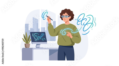 Graphic designer using smart glasses and stylus for digital art creation