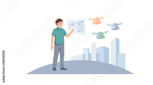 Man controlling delivery drones with digital interface in smart city