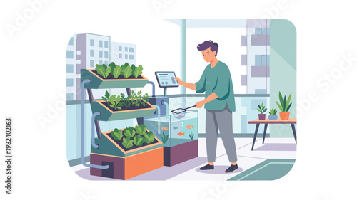 Man managing vertical aquaponics garden on a city balcony
