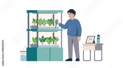 Man monitoring indoor hydroponic vertical garden with pH meter device