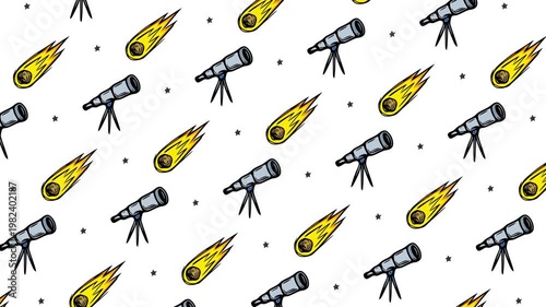 Cartoon Doodle Telescope and Falling Asteroid Pattern, Hand Drawn Space Icons Moving Left with Vortex Animation on White Background, Motion Graphics Seamless Loop, 4K