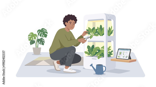 Man pruning plants in indoor smart hydroponic garden system