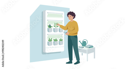 Man pruning plants in modern vertical indoor garden system