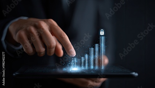 A person's hand interacts with a holographic display showcasing a rising graph secured by a padlock, symbolizing secure growth and data protection.