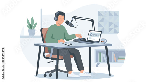 Man recording podcast with microphone and headphones in modern home studio