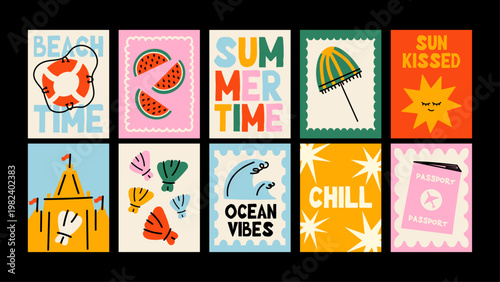 Retro summer posters with sun, beach elements, cocktail, ice cream and travel icons. 90s retro doodle style, bold colors and fun holiday mood. Perfect for summer decor and prints.