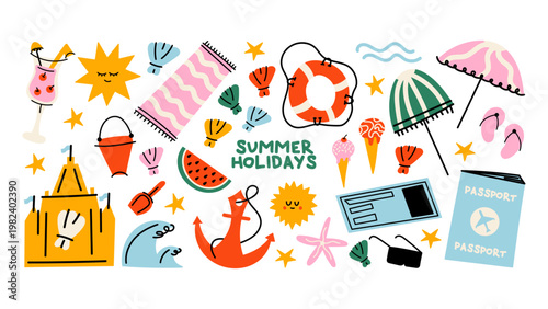 Retro summer stickers set with sun, cocktail, lifebuoy, beach umbrella, watermelon, ice cream, flip flops and passport. Cute cartoon doodle style in 90s retro aesthetic and playful vibe.