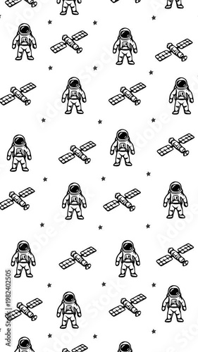 Cartoon Doodle Astronaut and Satellite Pattern, Hand Drawn Space Icons Moving Up with Float Animation on White Background, Motion Graphics Seamless Loop, 9:16 Vertical Video