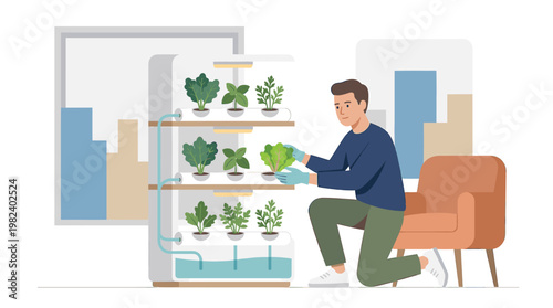 Man tending indoor hydroponic vegetable garden in modern home