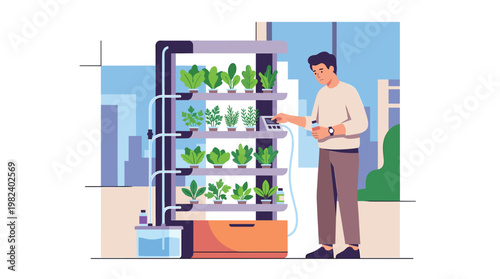 Man tending to indoor vertical hydroponic garden system
