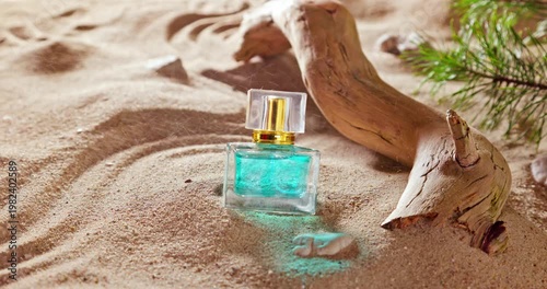 Aromatic blue perfume smelling of summer and holidays.