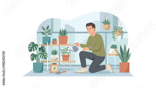 Man watering various potted plants on urban balcony illustration