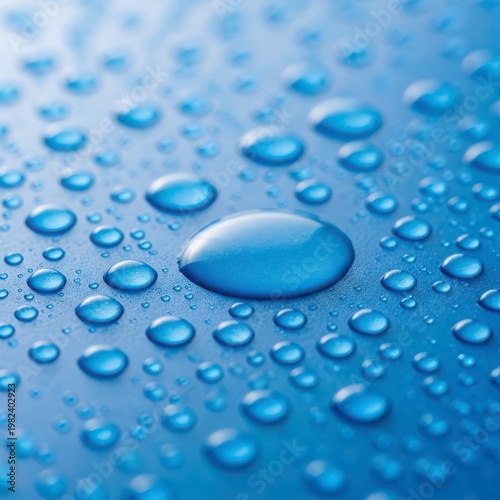 Many clear water drops on a blue surface after rain shower