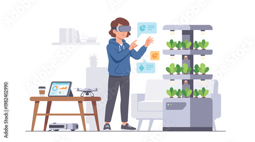 Person using virtual reality to manage smart indoor vertical hydroponic garden system