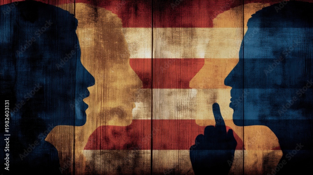 Obraz premium Two Silhouetted Figures in Conversation Against a Textured American Flag Backdrop