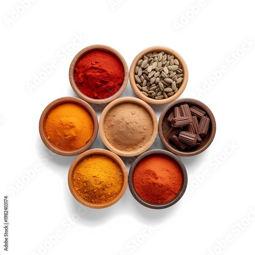 Assorted colorful Moroccan spices in wooden bowls isolated on white background.
