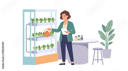 Scientist watering indoor vertical garden with tablet in hand