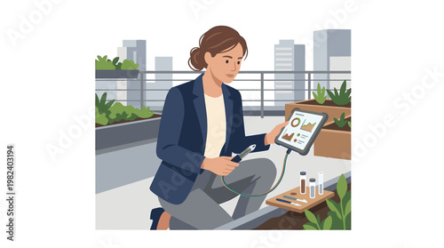 Scientist using tablet for soil analysis in urban rooftop garden