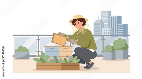 Urban beekeeper working with beehive on modern city rooftop