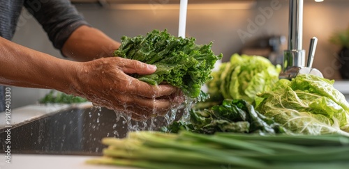 A person washes fresh kale and lettuce under a faucet in a kitchen setting, showcasing a healthy and vibrant food preparation process.