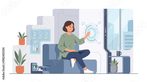 Woman controlling smart home system with digital interface at home