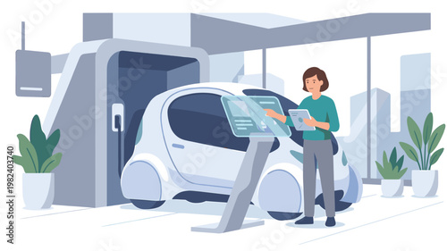 Woman inspecting autonomous electric car at futuristic charging station hub