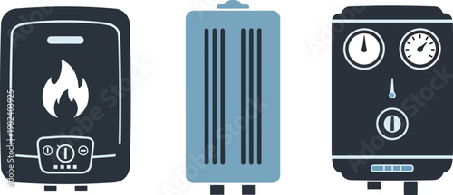 Water Heater Boiler Heating System Icon Set, solid style vector illustration showing residential appliance, hot water supply, plumbing equipment, home heating technology and utility design.