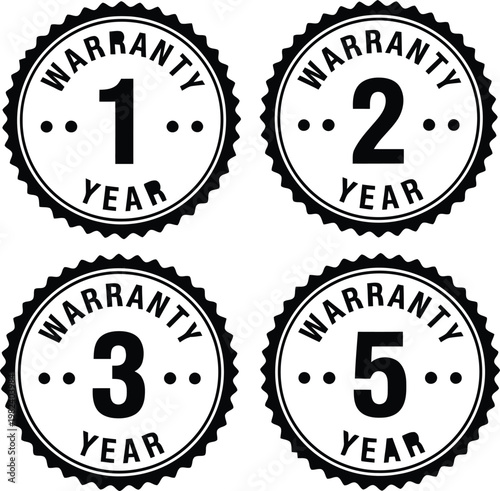 1 2 3 5 Year Warranty Logo Vector, black and white design, product assurance and quality coverage symbol, trust and reliability icon for consumer goods, editable vector illustration.