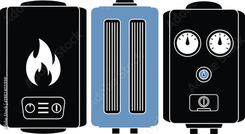 Water Heater Boiler Heating System Icon Set, solid style vector illustration showing residential appliance, hot water supply, plumbing equipment, home heating technology and utility design.