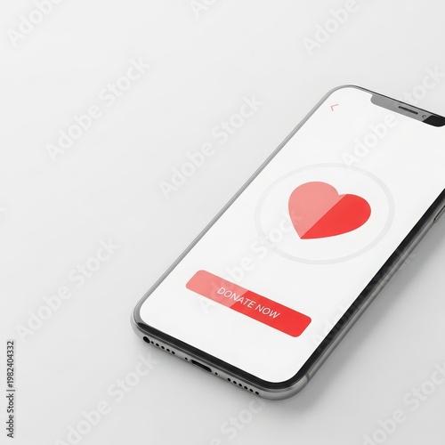 Smartphone screen with heart icon and donate now button on white background