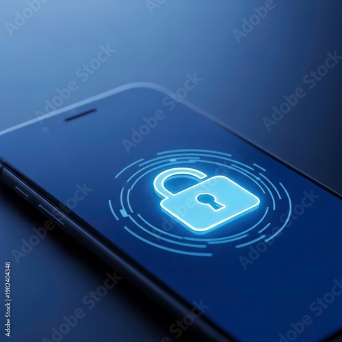 Smartphone screen displaying glowing blue padlock icon with concentric circles