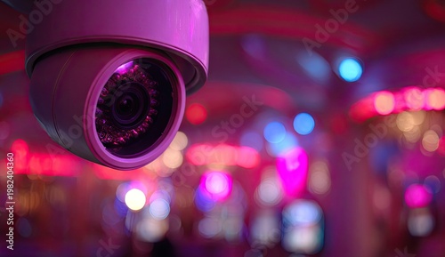 A security camera monitors a blurred, colorful background, suggesting surveillance in a vibrant environment.