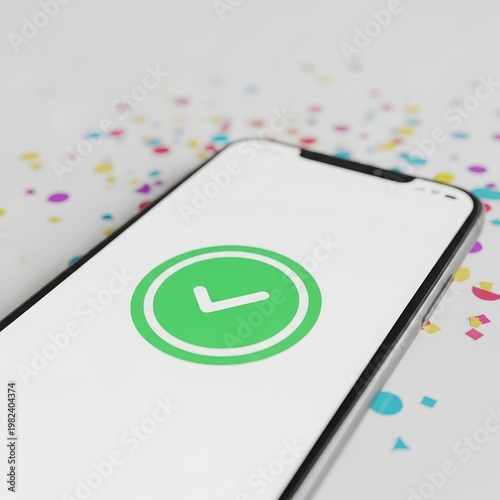 Smartphone with green clock icon on screen on colorful confetti background