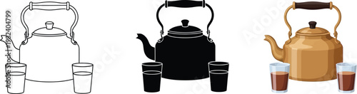 Set of three traditional tea kettles with glasses vector illustration for beverage and hospitality concepts isolated on white