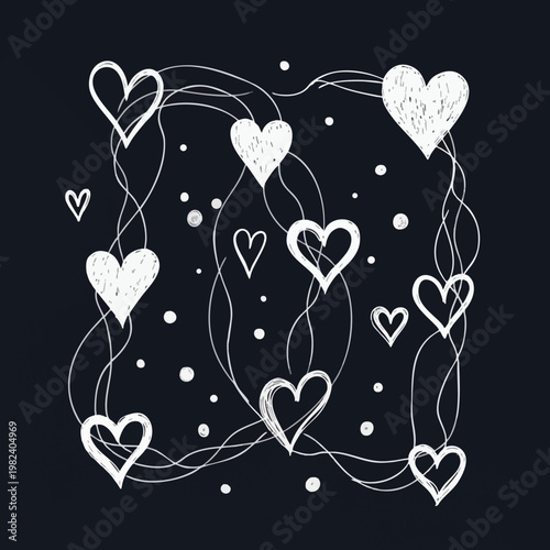 Delicate Heart Themed Sketch with Hanging Hearts and Dots for Romantic or Celebratory Designs