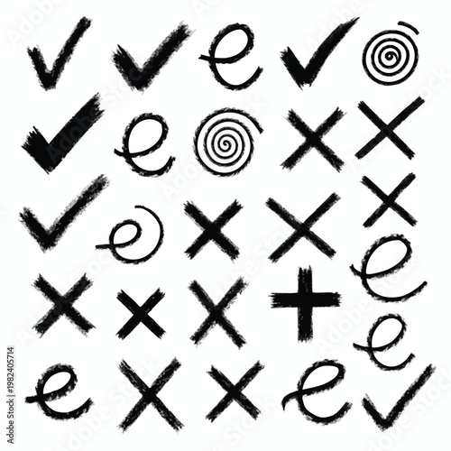 Black and White Hand Drawn Checkmarks and X Marks for Game or Test Design