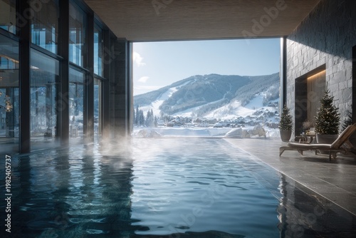 An indoor swimming pool offers a stunning view of a snow-covered mountain landscape.
