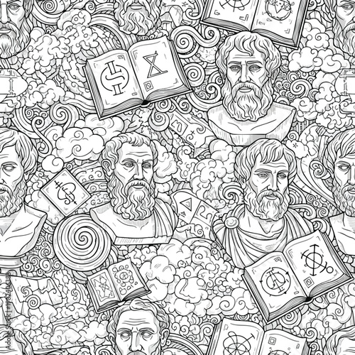 Intricate Black and White Illustration of Ancient Philosophers and Symbolic Elements
