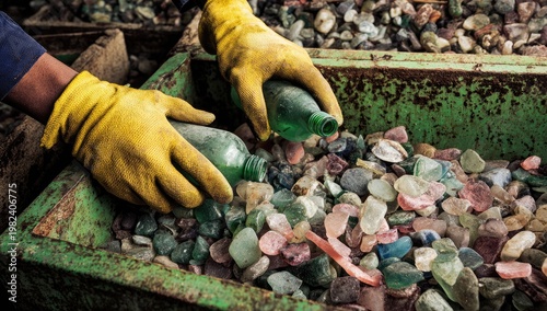 A worker wearing yellow gloves pours a green plastic bottle into a bin filled with colorful crushed glass and mineral fragments, highlighting the recycling process.
