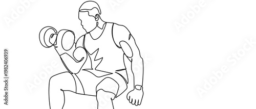 continuous line style The man is exercising by lifting a dumbbell in his right arm. Minimalist vector illustration isolated on white background Editable stroke.