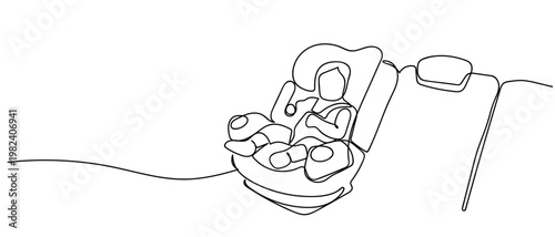continuous line style The child is sitting in a car seat in the car. Minimalist vector illustration isolated on white background Editable stroke.
