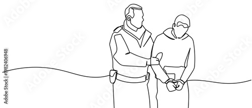 continuous line style Police officers arrested the suspect and handcuffed him. Minimalist vector illustration isolated on white background Editable stroke.