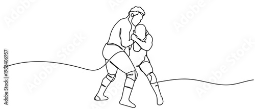 continuous line style The athletes are competing in wrestling. Minimalist vector illustration isolated on white background Editable stroke.