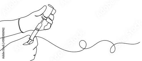 continuous line style The doctor's hand is using a syringe to draw the medication from the bottle. Minimalist vector illustration isolated on white background Editable stroke.