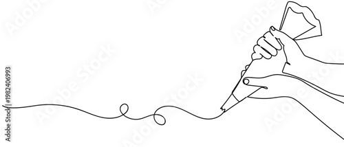 continuous line style The hand is using a piping bag to decorate a cake. Minimalist vector illustration isolated on white background Editable stroke.