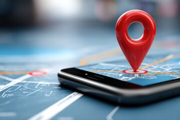 Red GPS map pin marker on smartphone screen displaying navigation map, technology concept