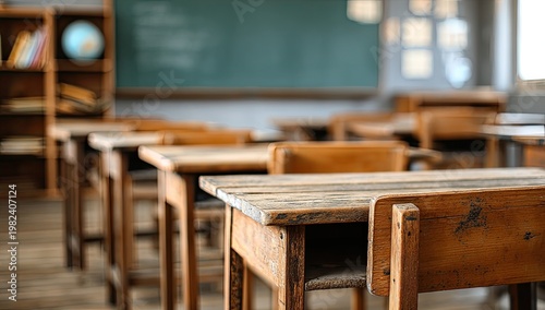 A close-up view of a classroom interior showcases rows of wooden desks and a green chalkboard, creating a nostalgic and educational atmosphere.