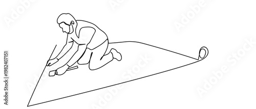 continuous line style The workers are laying carpet in the house. Minimalist vector illustration isolated on white background Editable stroke.